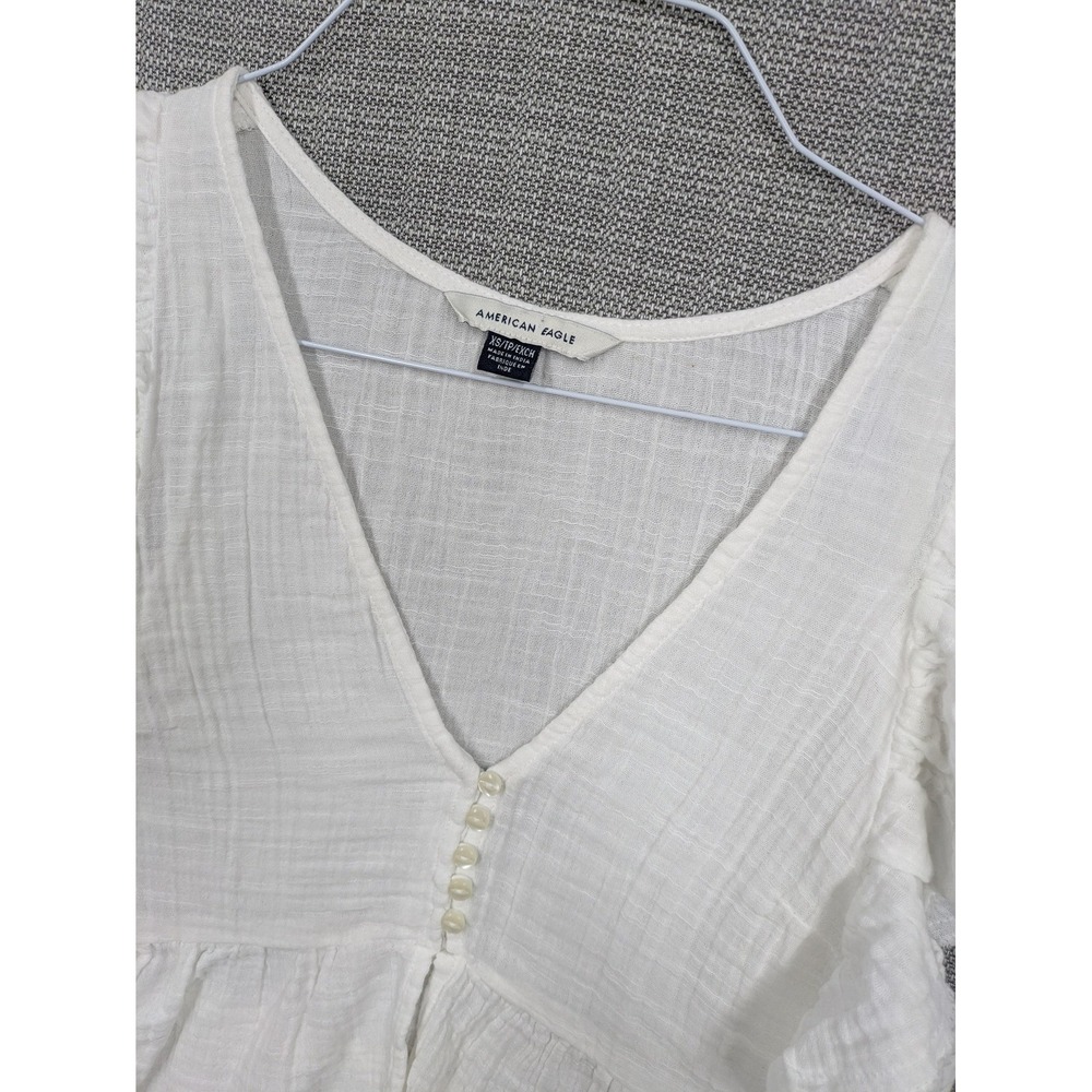 American Eagle Blouse Womens XS White Cotton Cropped Flutter Sleeve Peplum Top